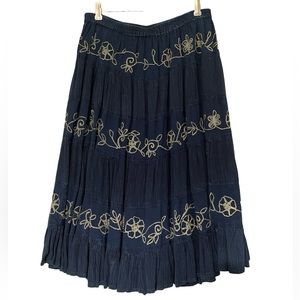 Scared Threads Denim Tiered Boho Embroidered Cowgirl Skirt Sz L